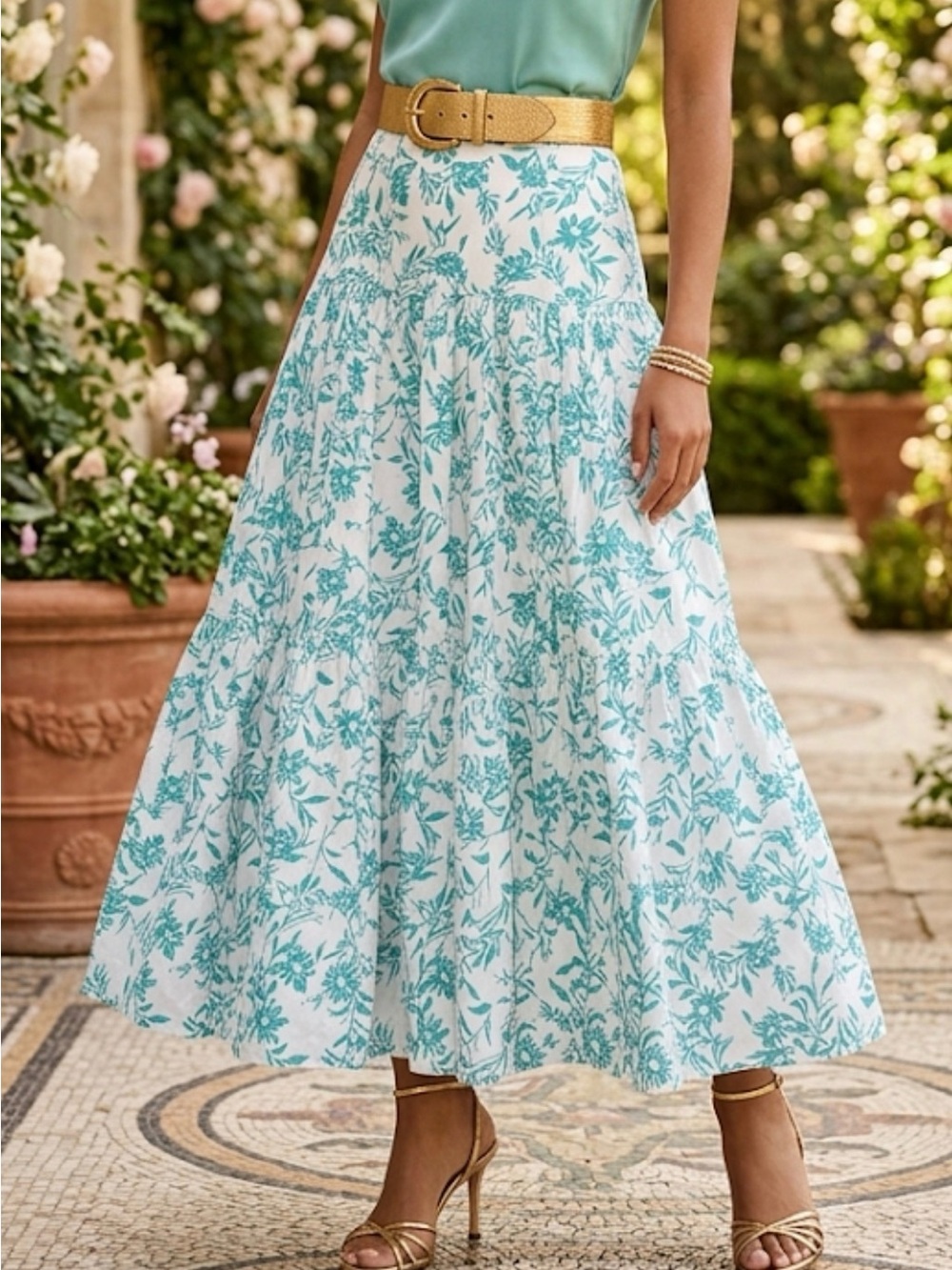 Runaway The Label Ayla Green White Floral Tiered Maxi Skirt NWT Size‎ S